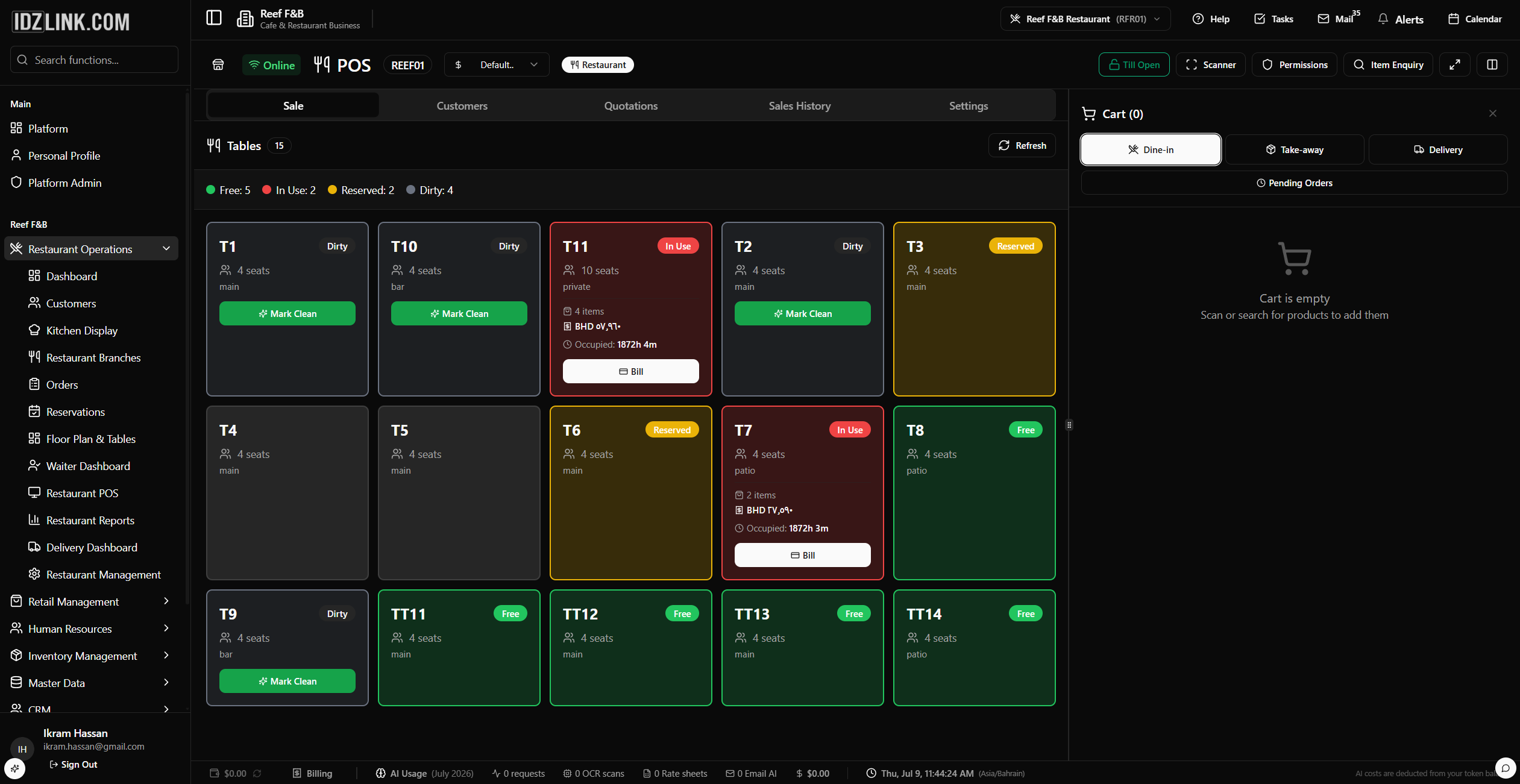 Restaurant POS floor plan showing live table statuses